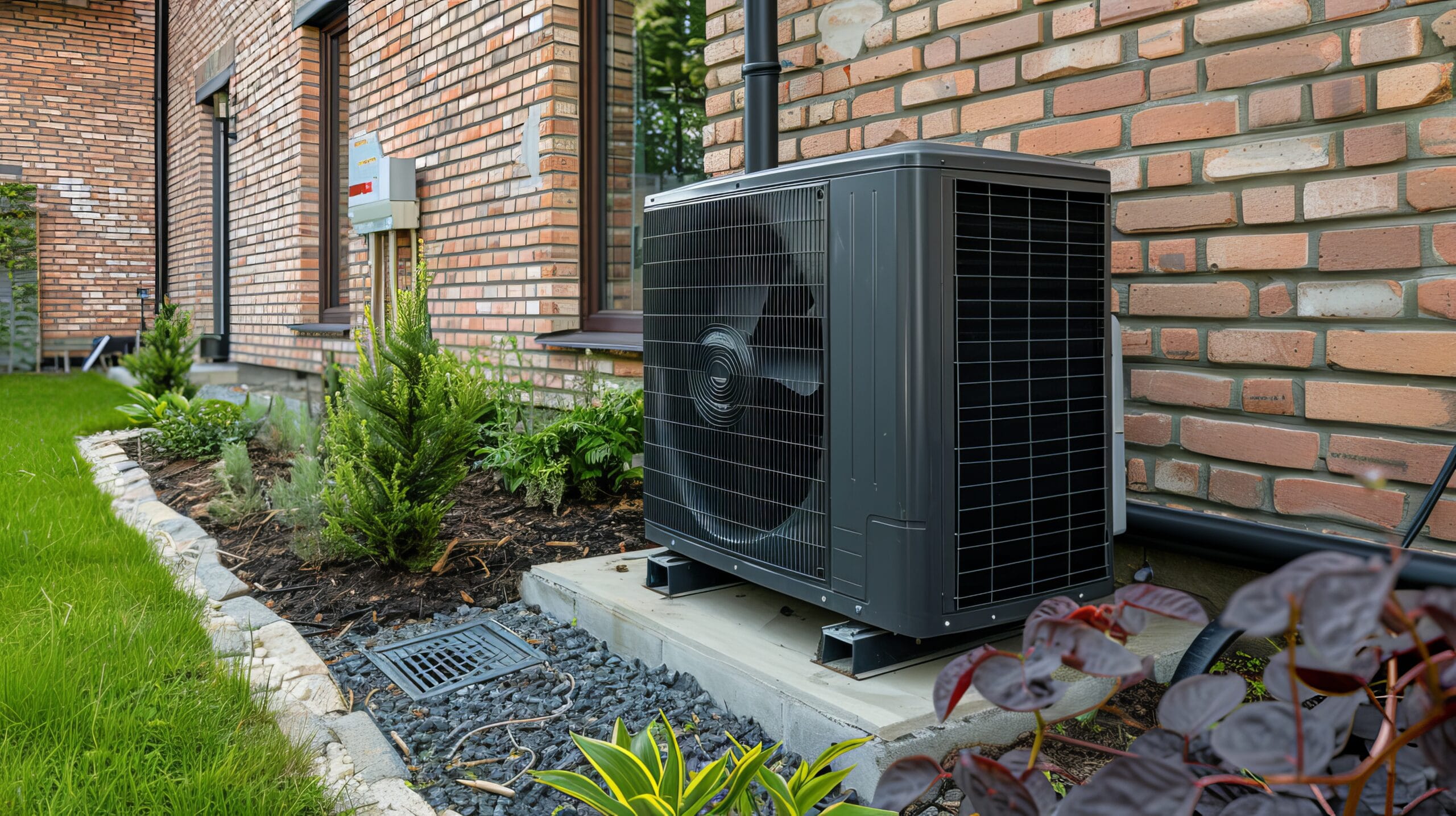 Air Source heat pump installation outside a newly built residential home