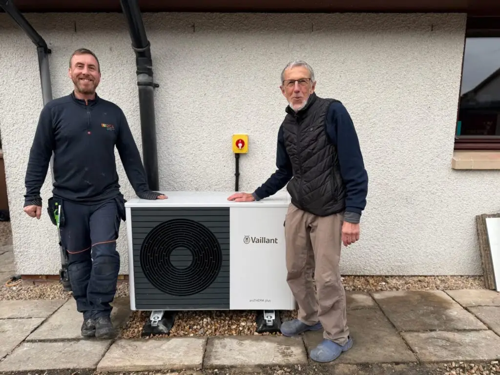 Ryan main heating engineer at RCA and customer with a new Vaillant Heat pump installation in Scotland