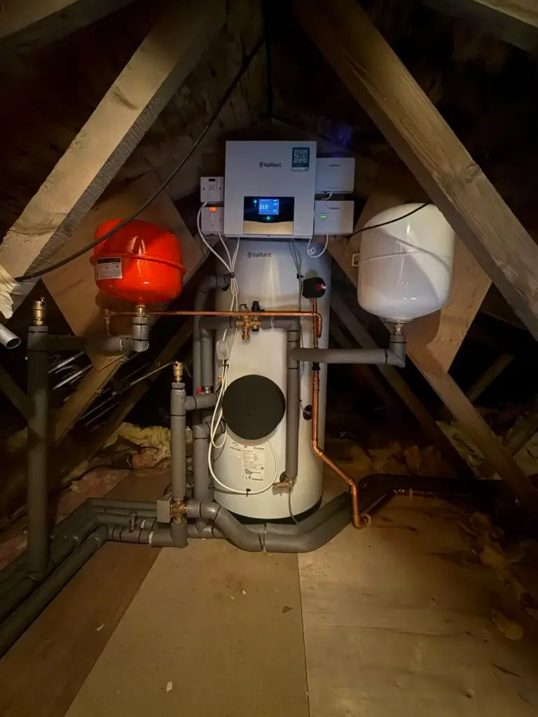 175 litre Vaillant hot water cylinder, controls and expansion vessels in the loft