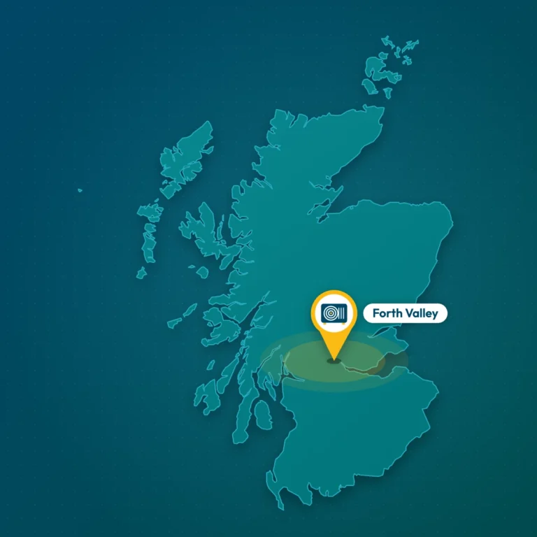Map of Scotland with a heat pump marker on the Forth Valley, where RCA Plumbing & Heating installs heat pumps
